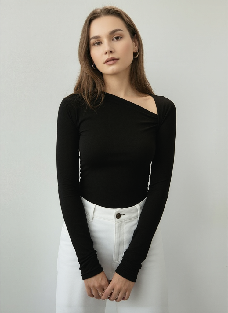 Ribbed Knit Long Sleeve Asymmetric Top