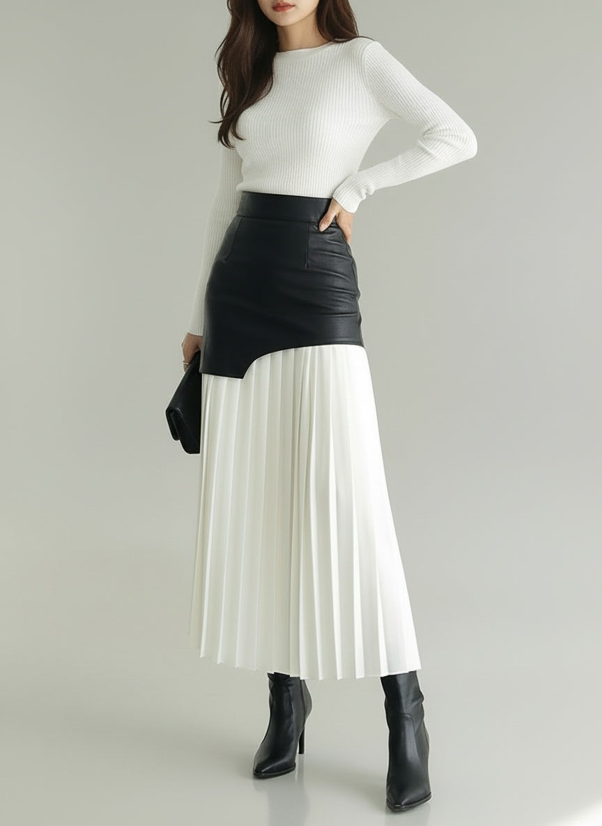 Patchwork Faux Leather High-Waist Woven Maxi Skirt