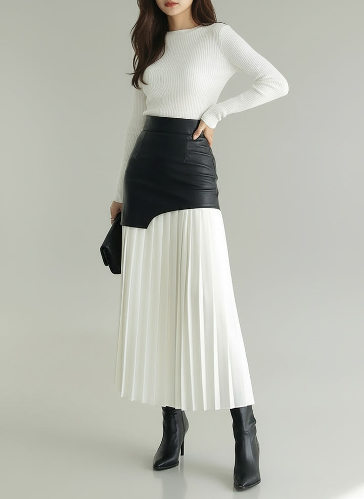 Patchwork Faux Leather High-Waist Woven Maxi Skirt