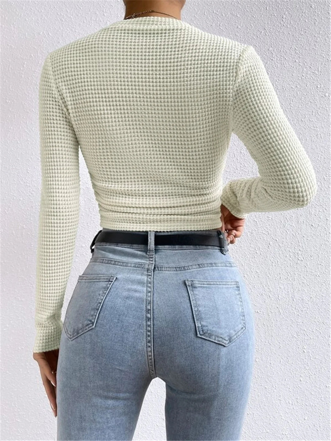 Waffle Knit Long Sleeve O-Neck Top