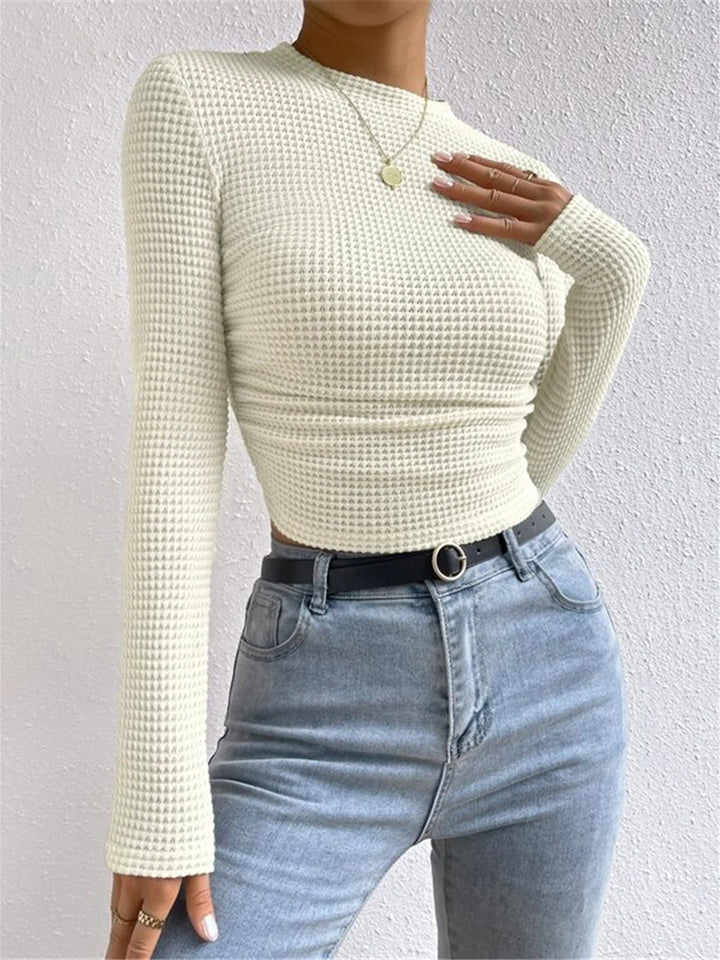 Waffle Knit Long Sleeve O-Neck Top