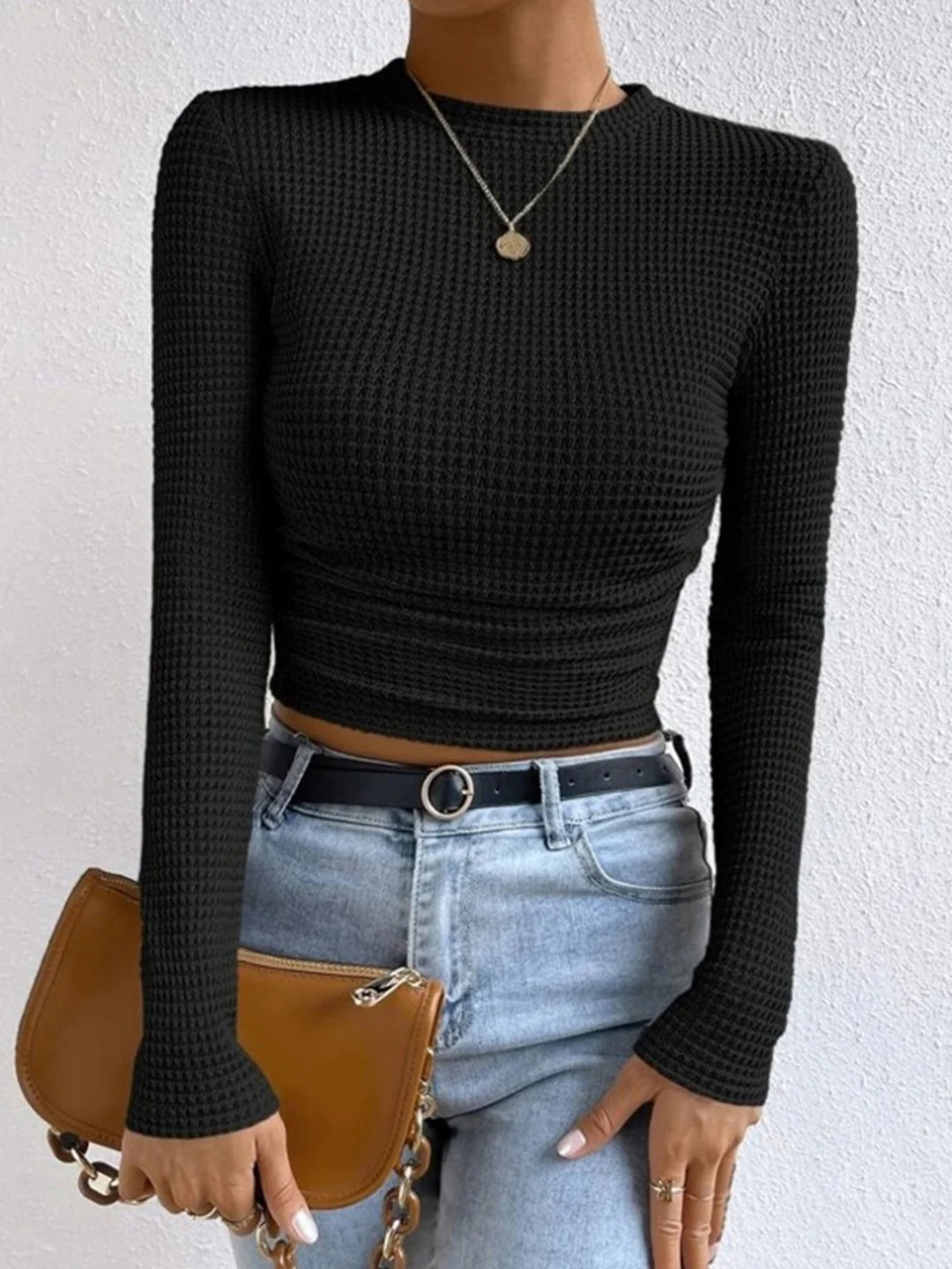 Waffle Knit Long Sleeve O-Neck Top
