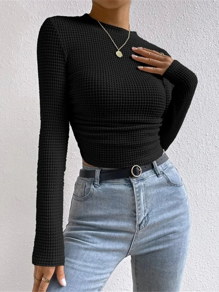 Waffle Knit Long Sleeve O-Neck Top