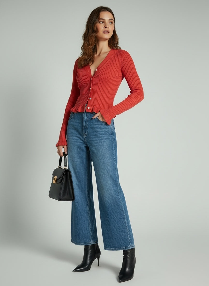 Ribbed V-Neck Slim Knit Cardigan