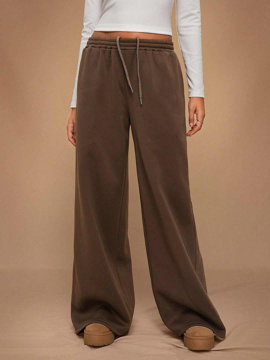 Fleece-Lined Loose Wide-Leg Pants