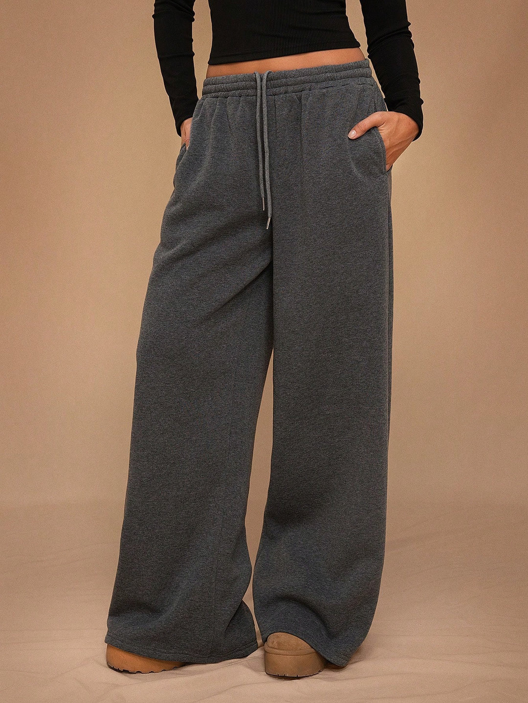 Fleece-Lined Loose Wide-Leg Pants