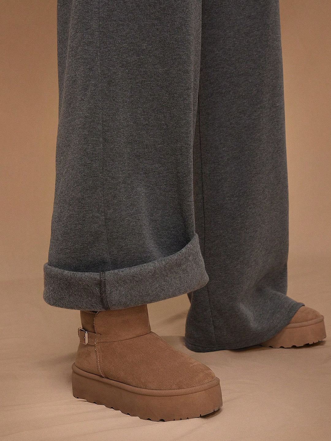 Fleece-Lined Loose Wide-Leg Pants