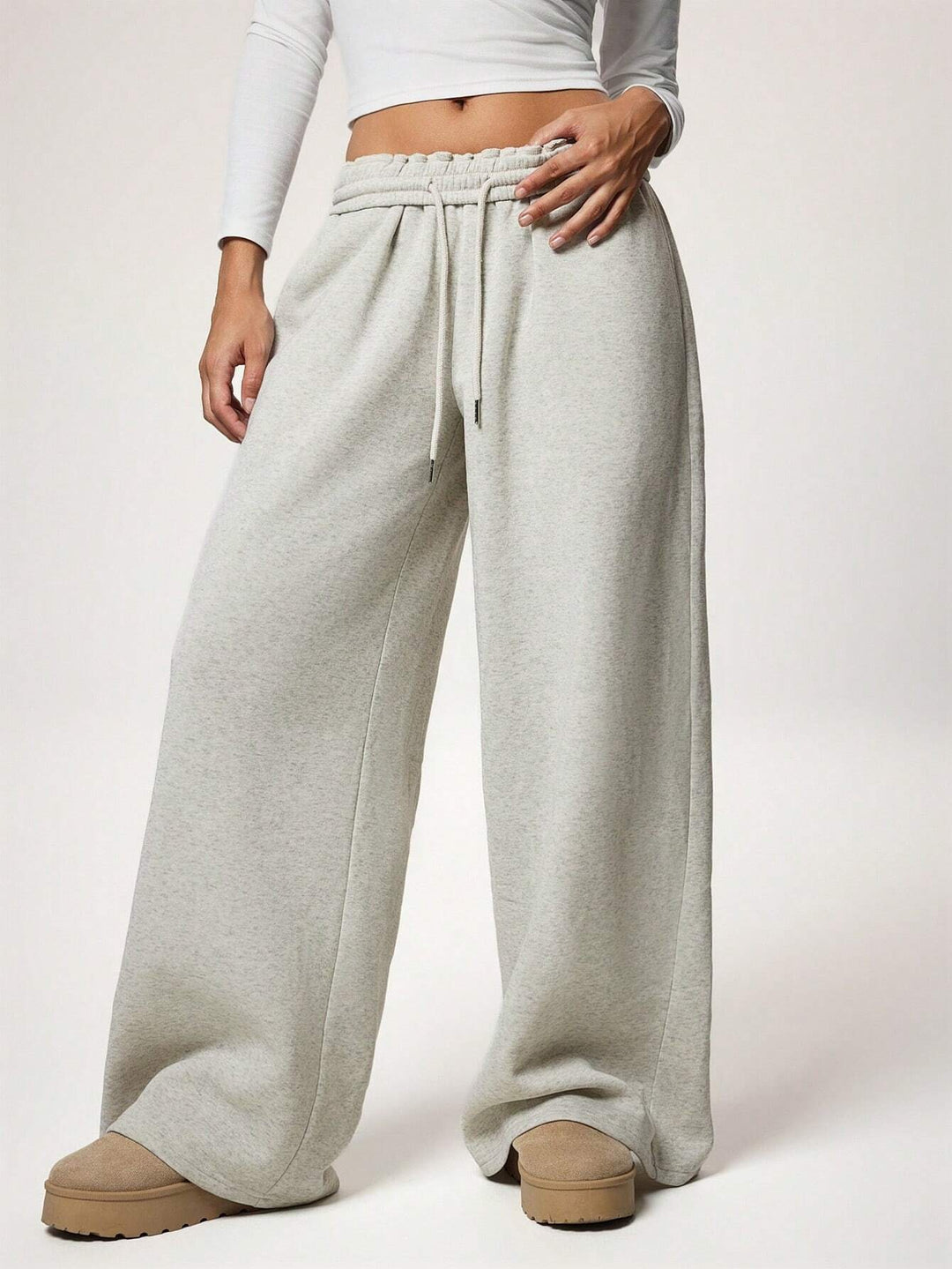 Fleece-Lined Loose Wide-Leg Pants