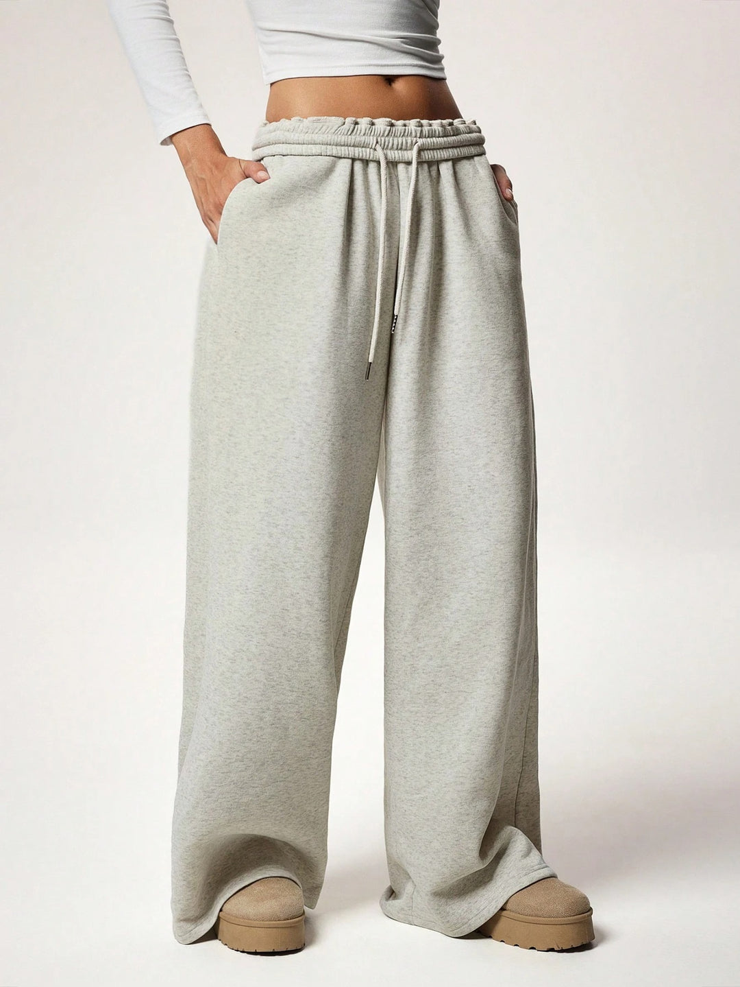 Fleece-Lined Loose Wide-Leg Pants