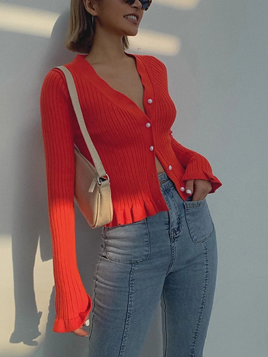 Ribbed V-Neck Slim Knit Cardigan