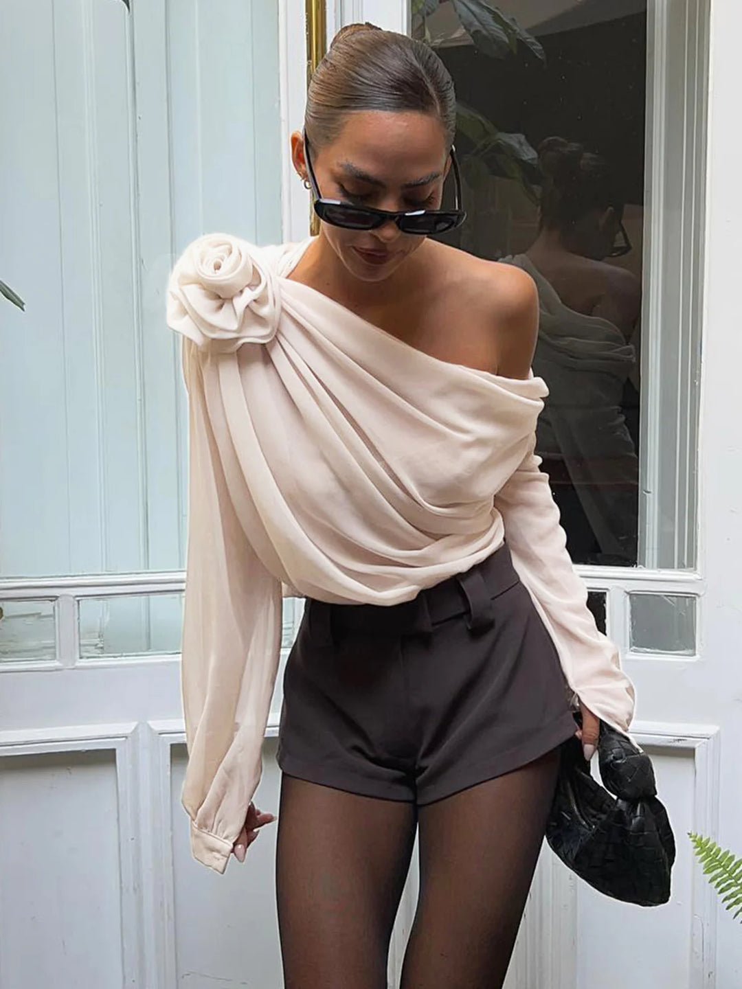 Off Shoulder Flower Asymmetrical Blouse