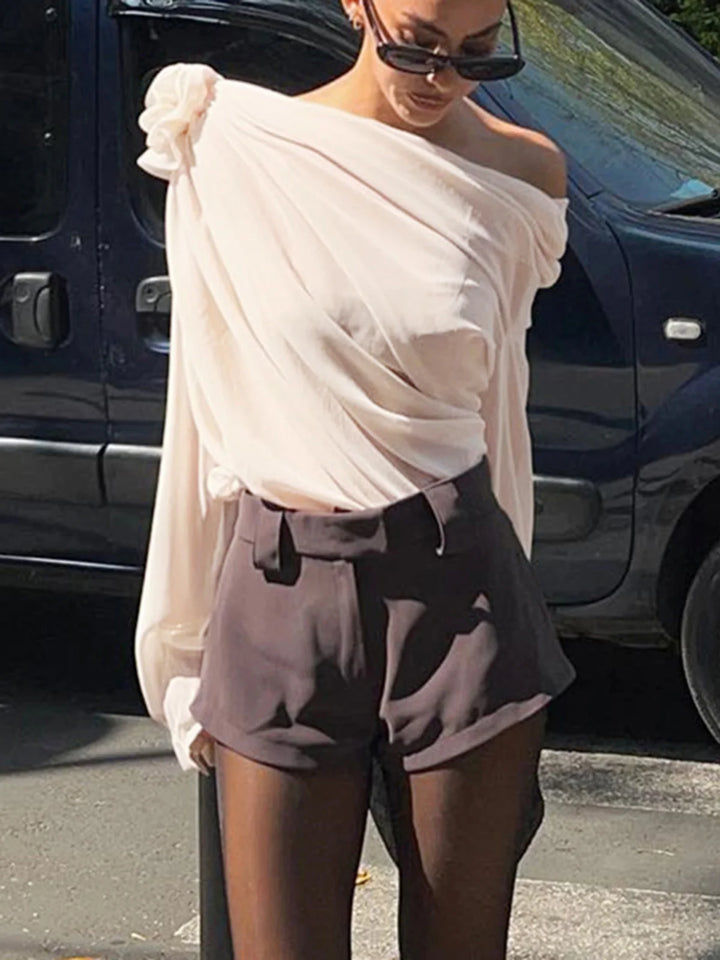 Off Shoulder Flower Asymmetrical Blouse