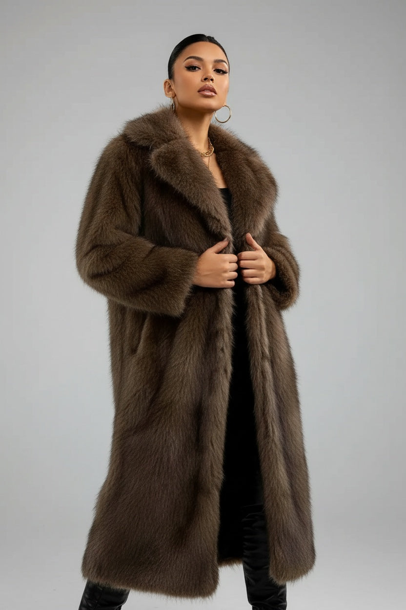 Long Faux Fur Covered Button Coat
