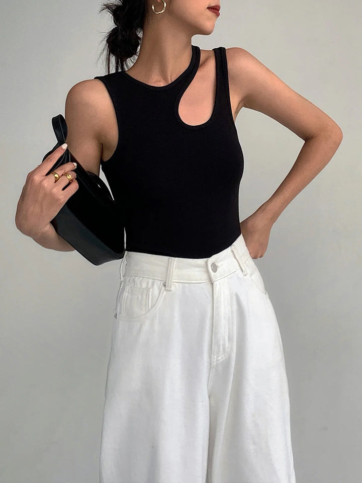 Asymmetrical Cutout O-Neck Tank Top