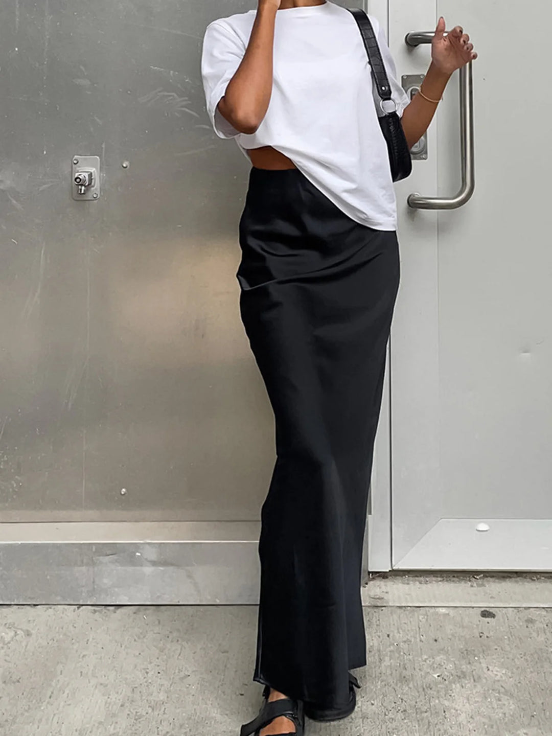 High-Waist Satin Straight Maxi Skirt