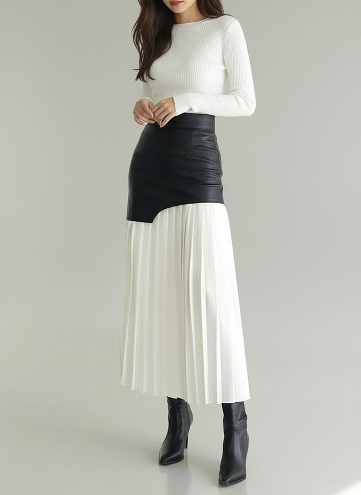 Patchwork Faux Leather High-Waist Woven Maxi Skirt