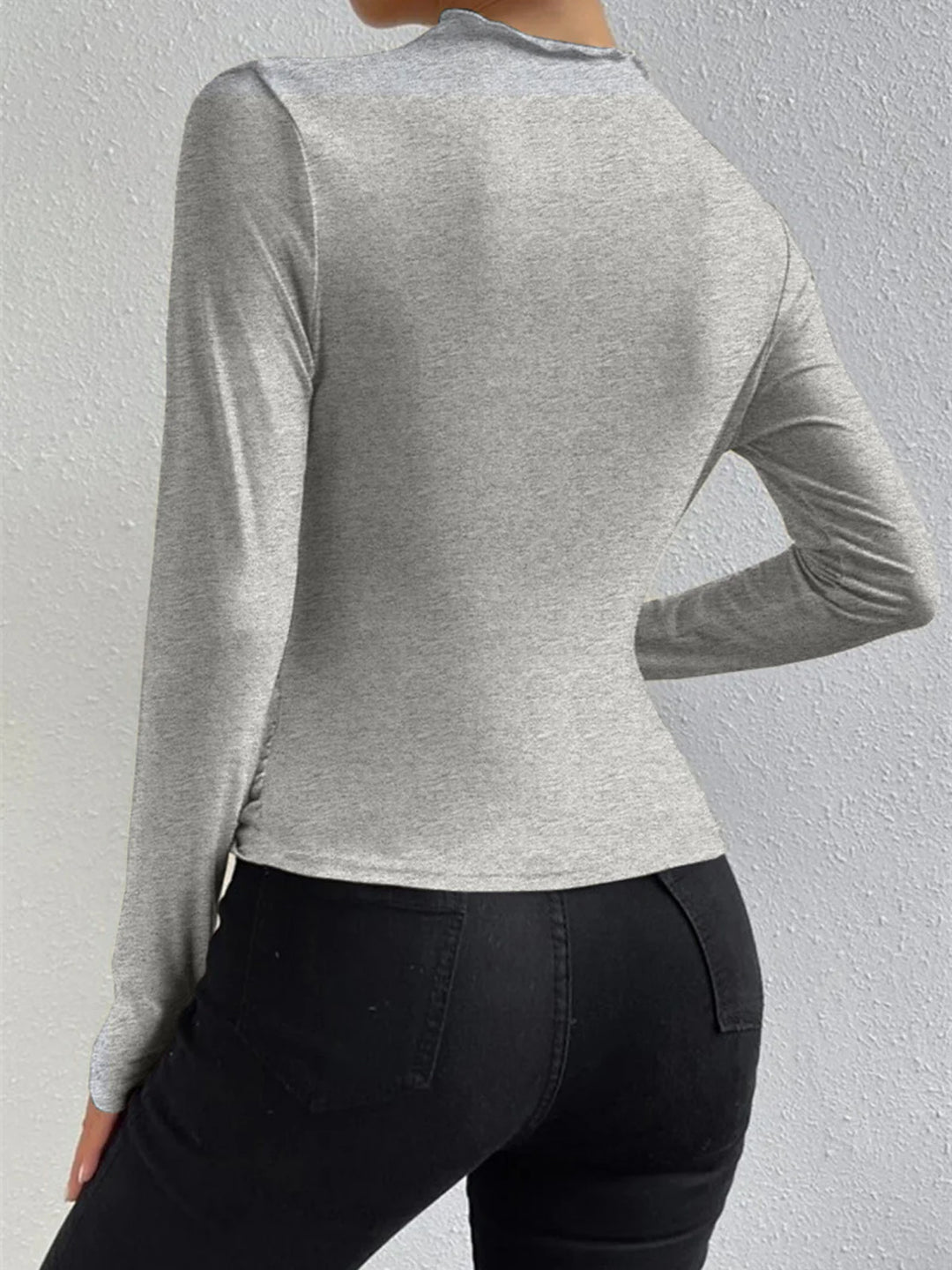 Ruched Long Sleeve Solid O-Neck Top