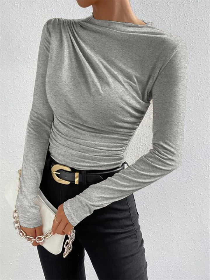 Ruched Long Sleeve Solid O-Neck Top