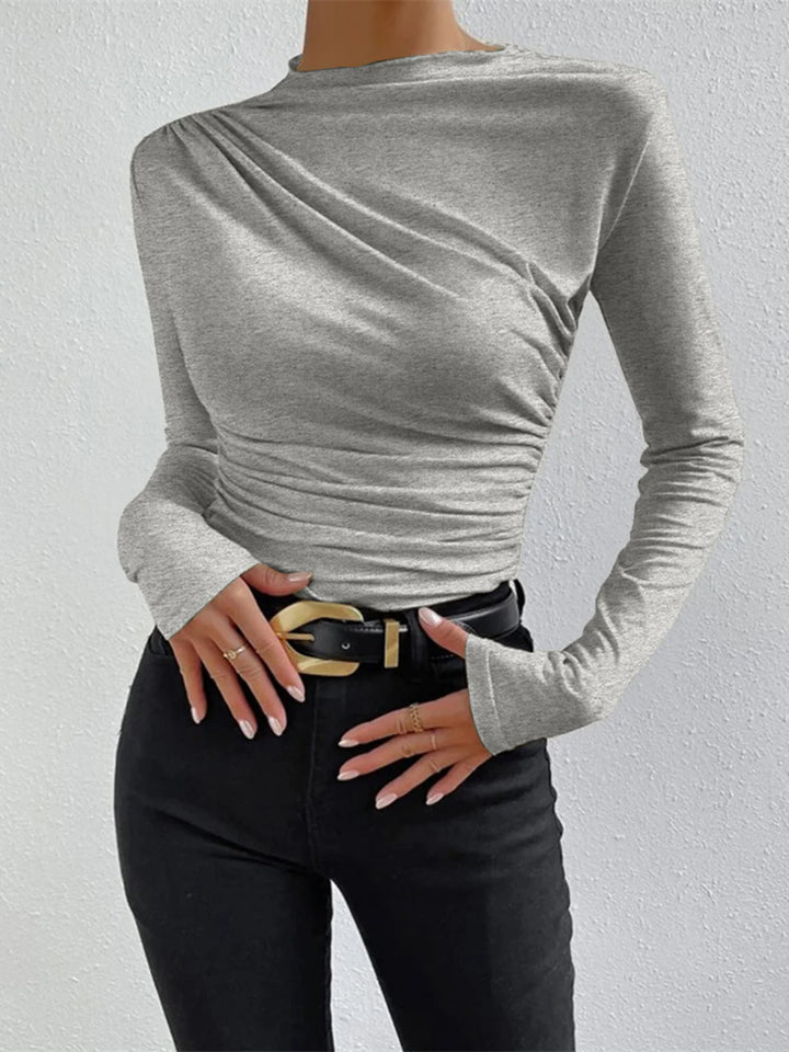 Ruched Long Sleeve Solid O-Neck Top