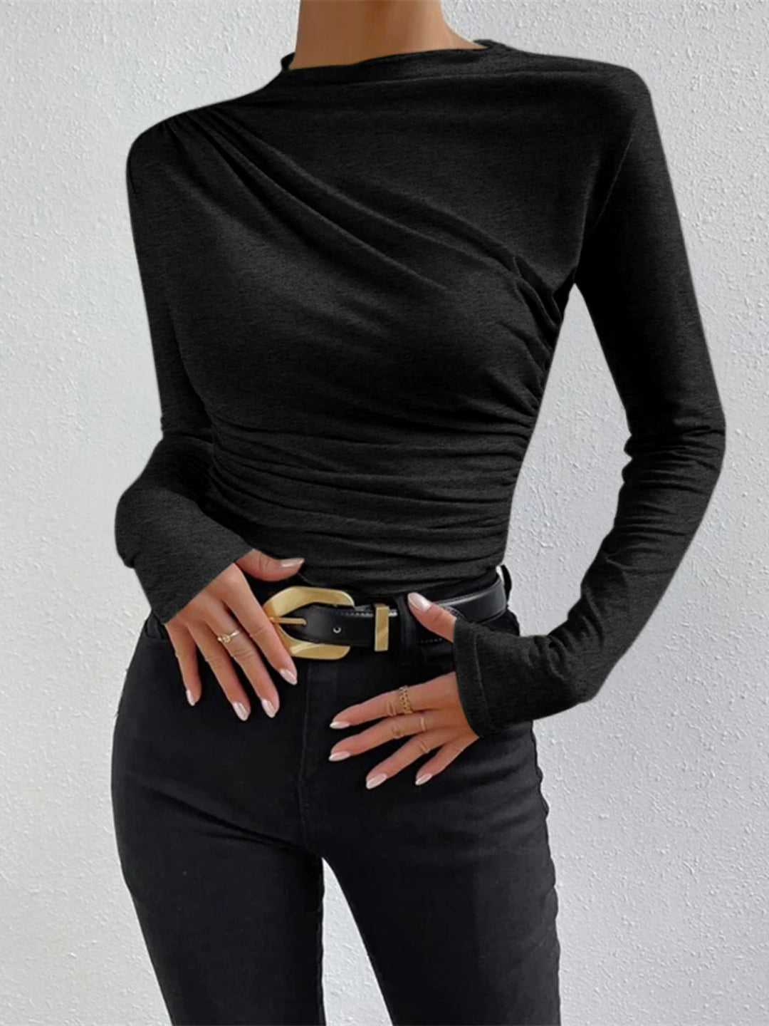 Ruched Long Sleeve Solid O-Neck Top