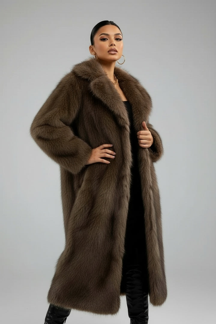 Long Faux Fur Covered Button Coat