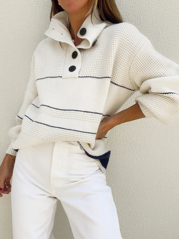 Striped Polo Collar Knit Long Sweater