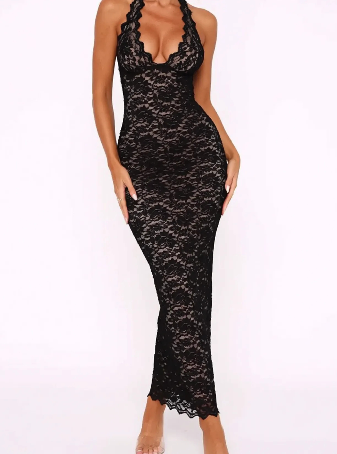 Lace Bodycon Halter Neck Maxi Dress