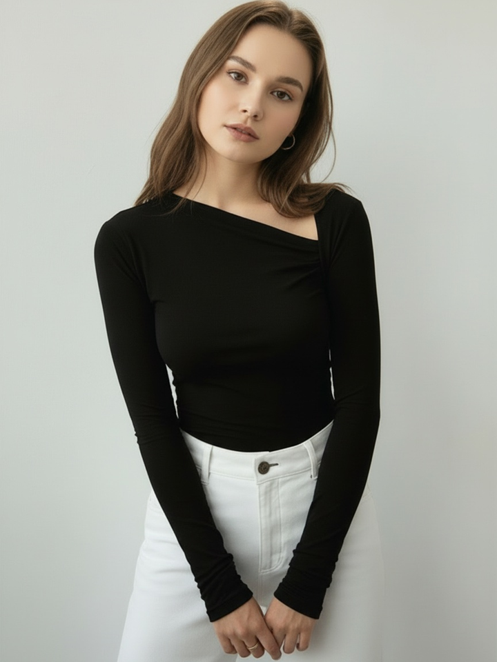 Ribbed Knit Long Sleeve Asymmetric Top