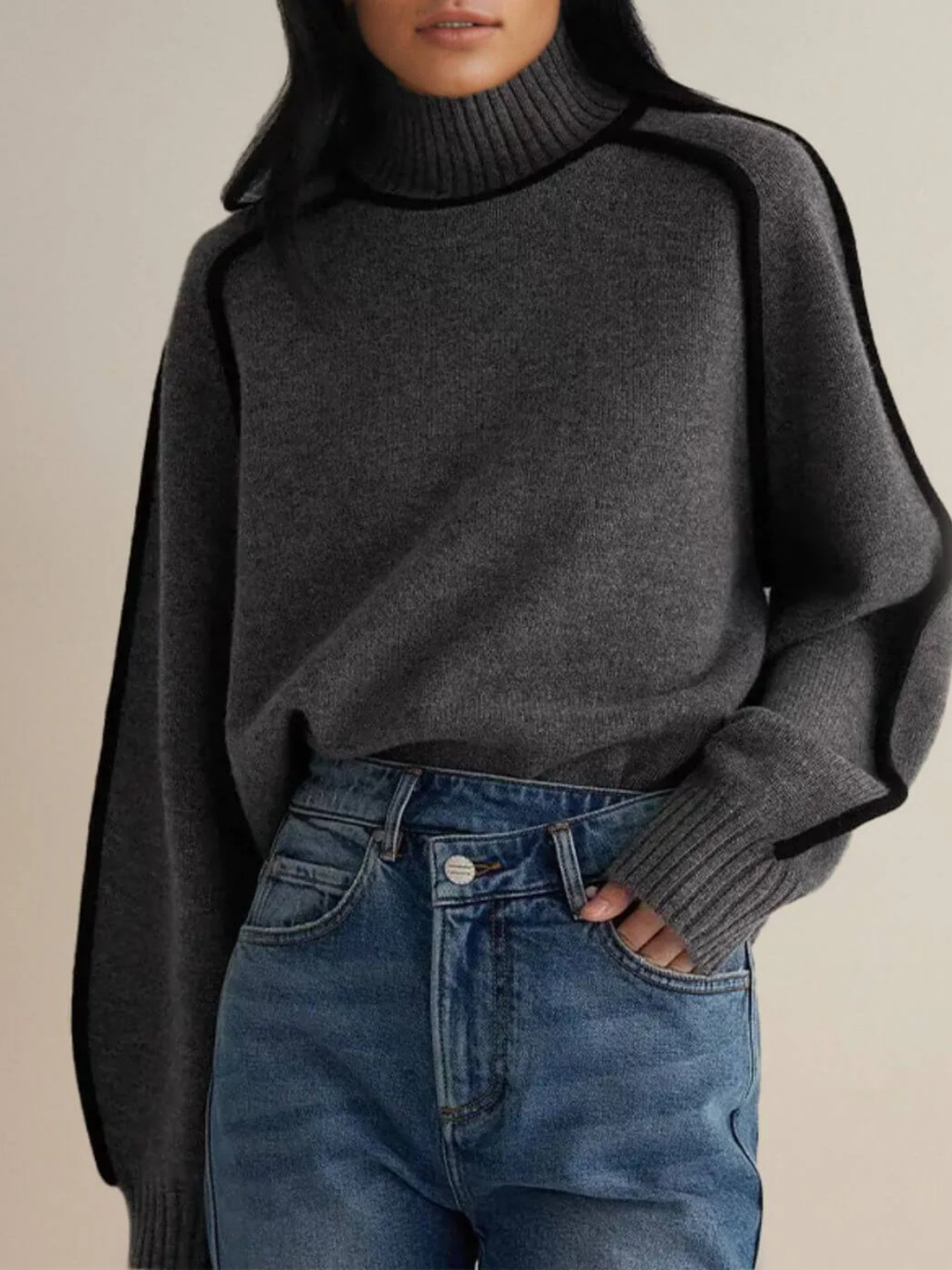 Striped Trim Loose Turtleneck Knit Sweater