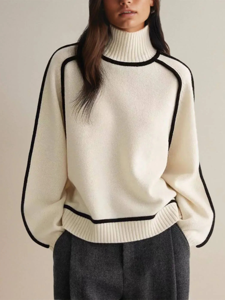 Striped Trim Loose Turtleneck Knit Sweater