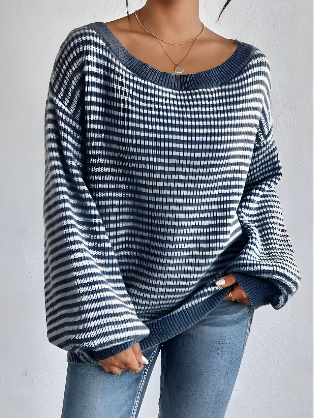 Off-Shoulder Contrast Knit Sweater