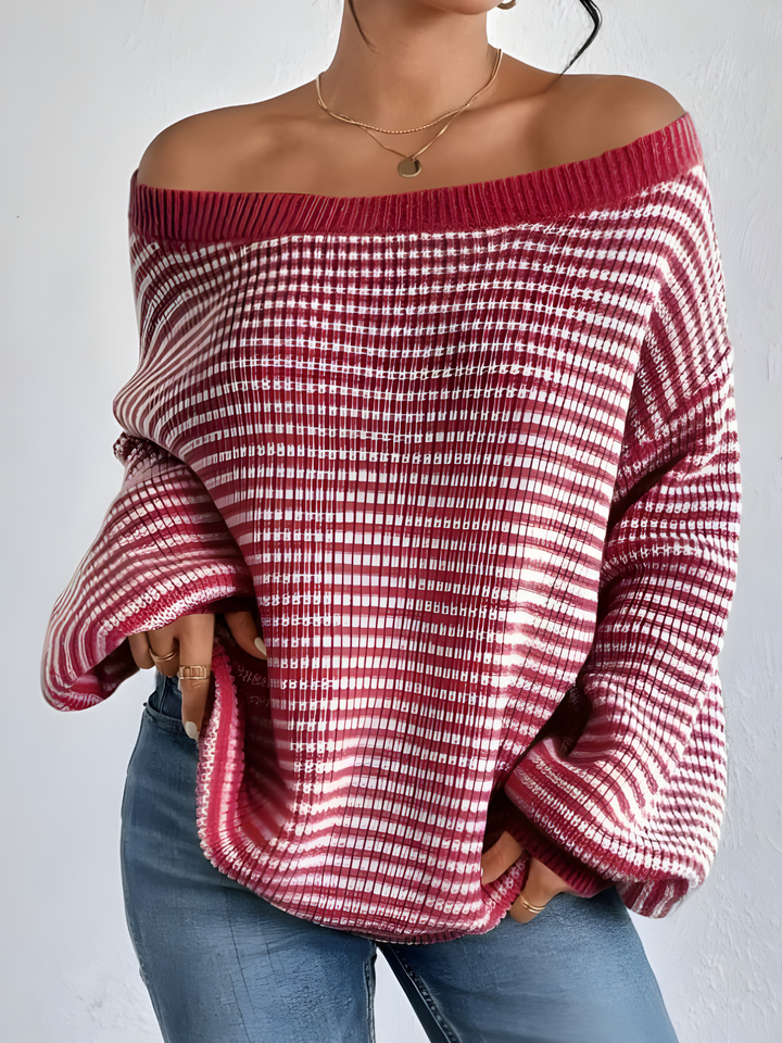 Off-Shoulder Contrast Knit Sweater